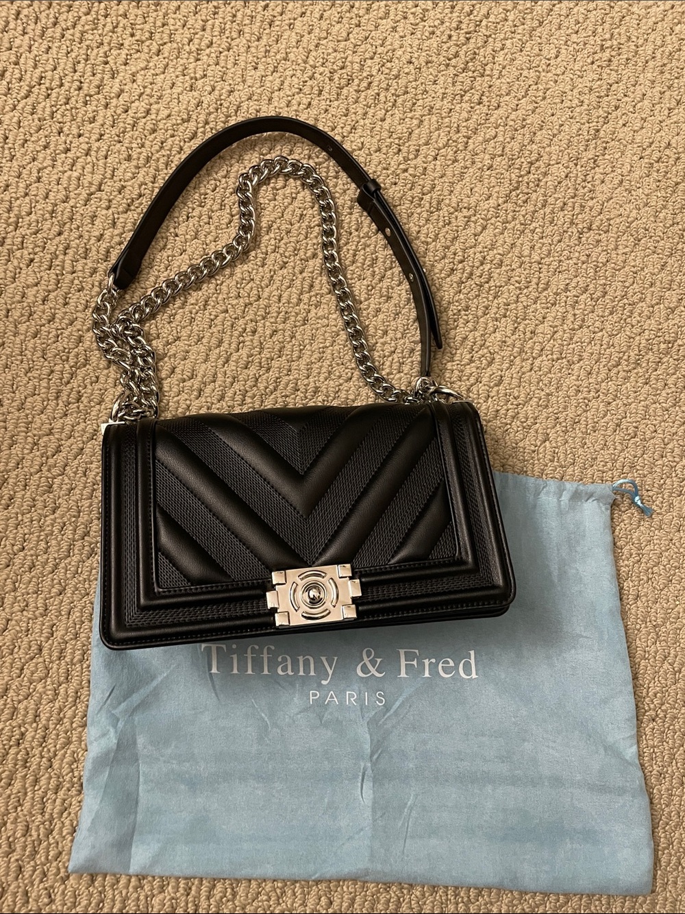 Tiffany & Fred Black Chevron Leather Crossbody with Silver Chain